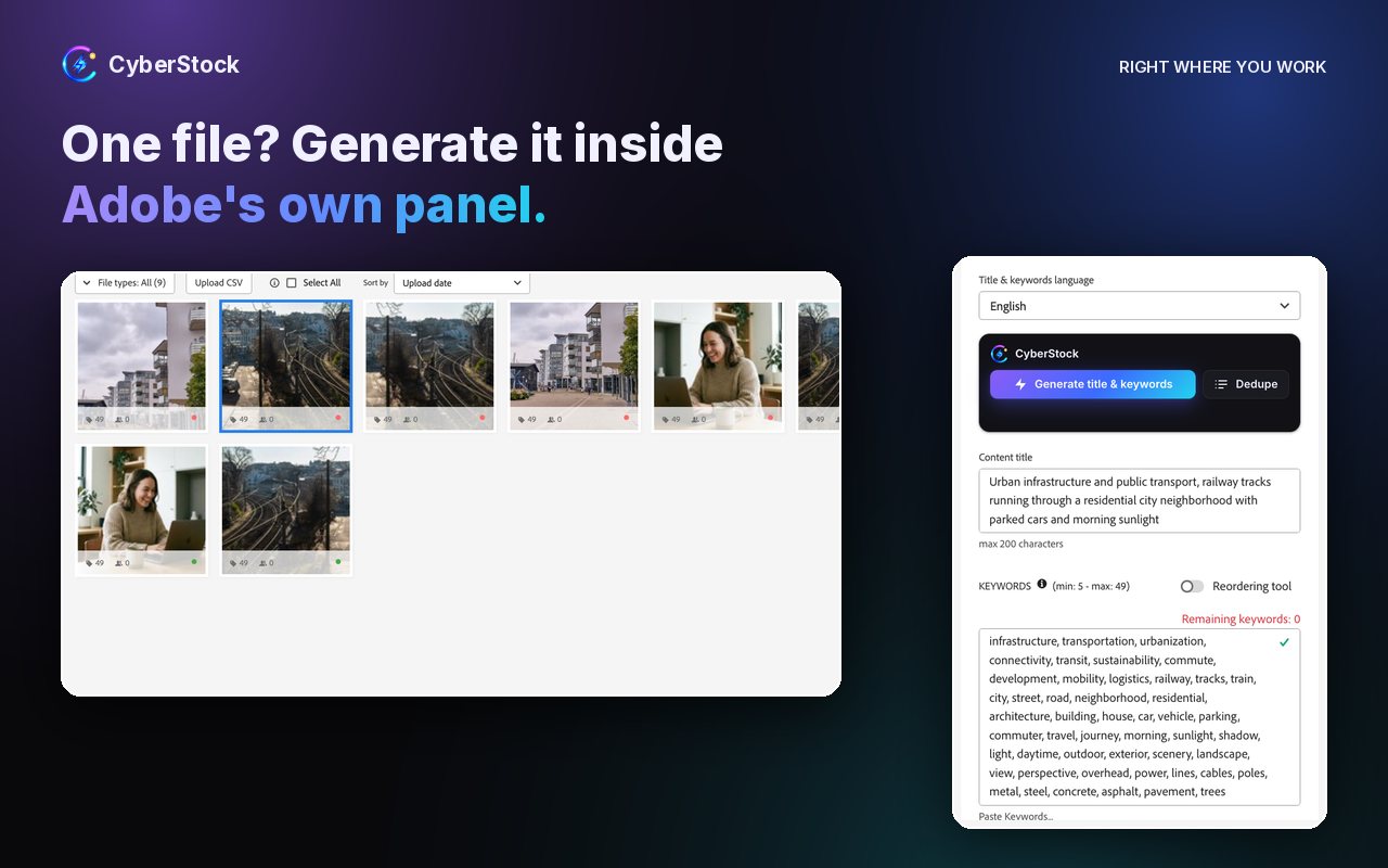 The CyberStock Generate button inside Adobe Stock's side panel, with a title and 49 keywords filled in.