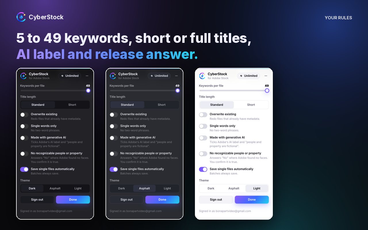 CyberStock extension settings in dark, asphalt and light themes.
