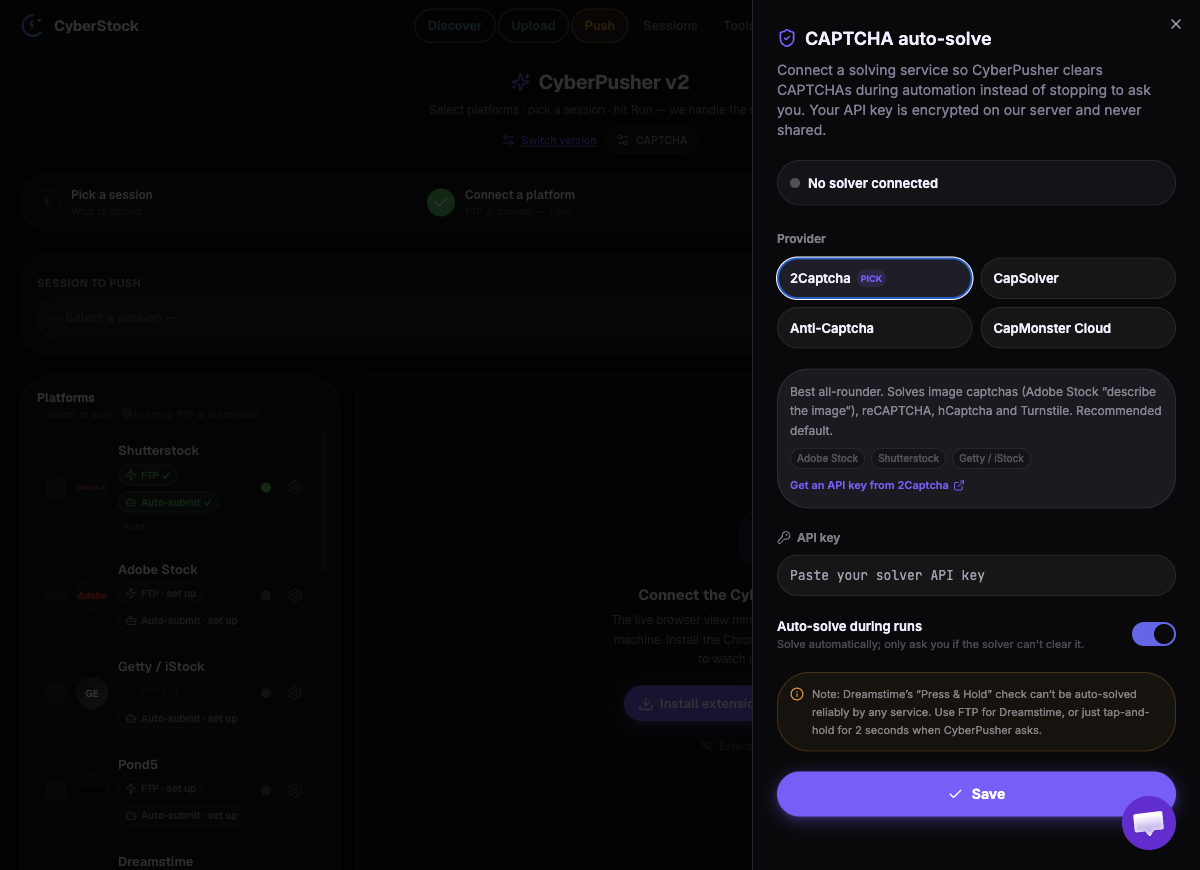 The CAPTCHA settings panel where you choose an anti-captcha provider and paste an API key.