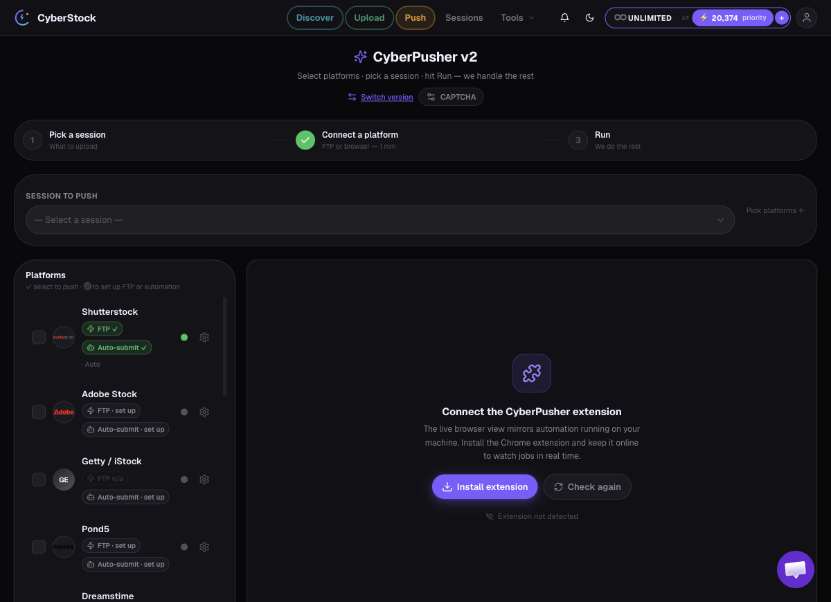 The CyberPusher dashboard showing one card per stock platform with FTP and Browser channels.
