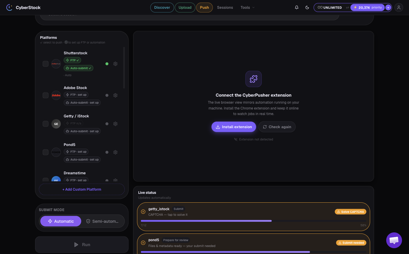 The Connect the CyberPusher extension panel with an Install extension button and Check again.