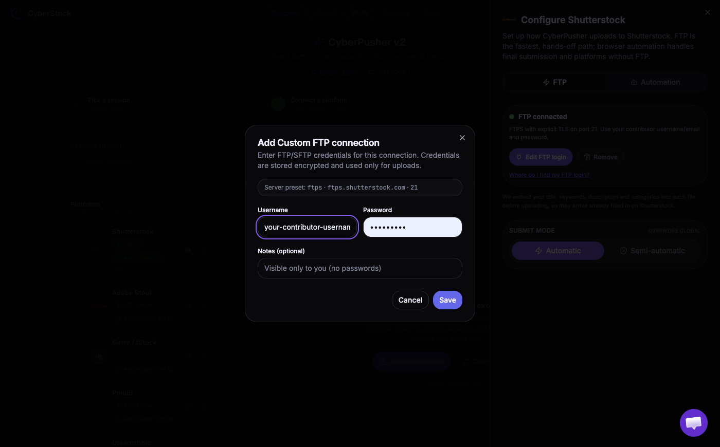 The FTP tab with Edit FTP login open, showing username and password fields.
